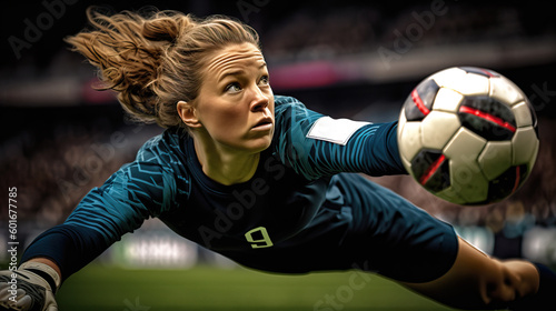 A fictional person. Fearless goalkeeper diving to intercept speeding soccer ball in Women's World Championship match © Dangubic