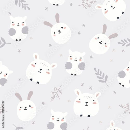 Seamless pattern with rabbit  bunny  birds cartoons and on pastel background.