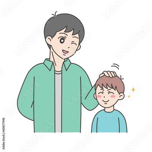 お父さんに頭を撫でてもらう男の子のイラスト