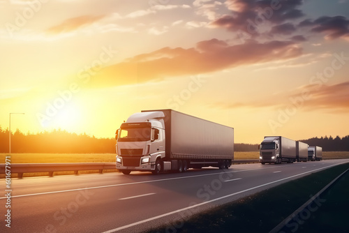 Trucks runs on the highway with speed. Logistics import export and cargo transportation industry concept of Container Truck run on highway road at sunset blue sky background.