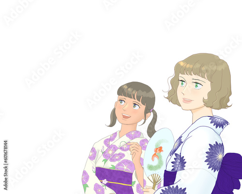 Women in floral-design yukata