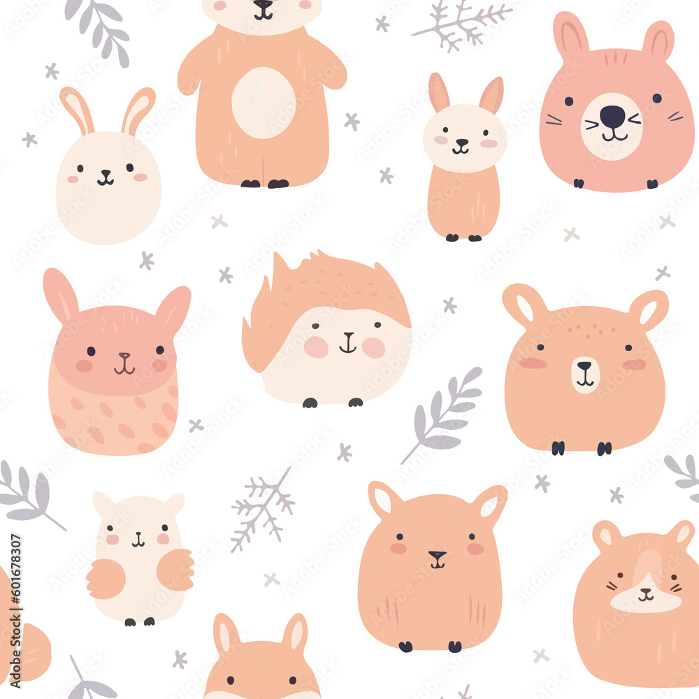 Childish seamless pattern with hand drawn animals. Trendy scandinavian background. Perfect for kids apparel, fabric, textile, nursery decoration, wrapping paper