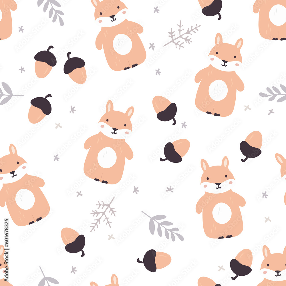 Cute seamless pattern with squirrel, nuts and trees. Hand drawn background.