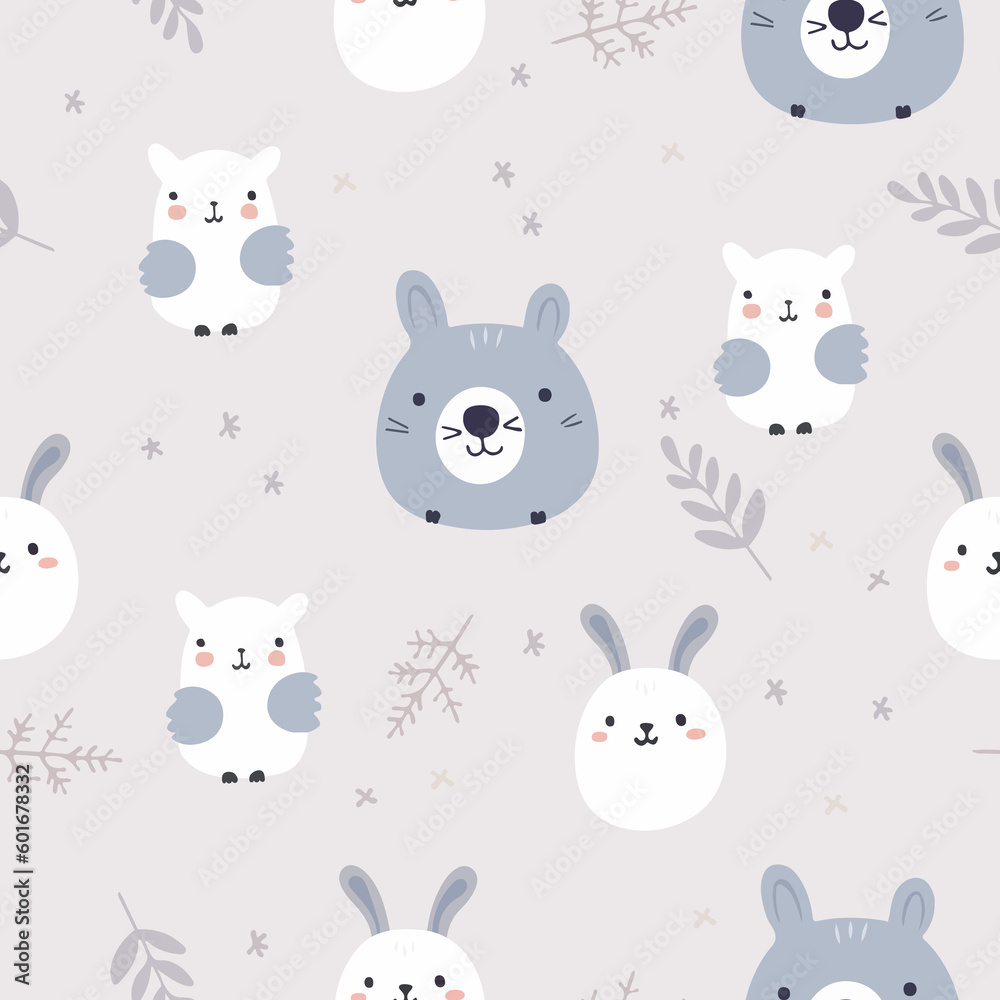 Seamless pattern with cute animals and hand drawn elements. Creative childish texture. Great for fabric, textile