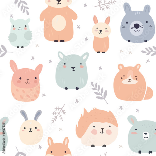 Seamless pattern with animals and leaves, baby decorations