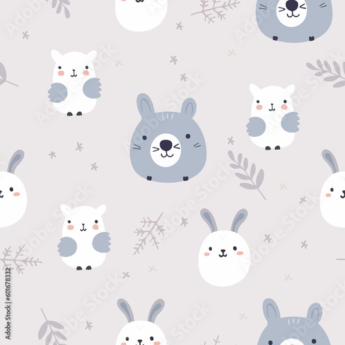 Seamless pattern with cute animals and hand drawn elements. Creative childish texture. Great for fabric, textile