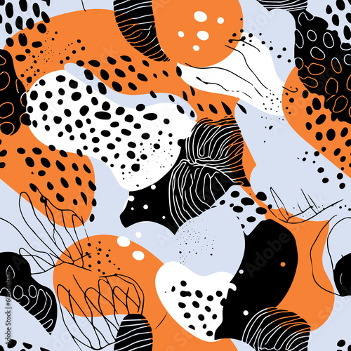 Hand-drawn minimalist shapes in a contemporary print that makes a fashionable design template. This modern seamless pattern has lines  dots  and abstract shapes.