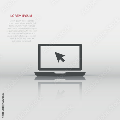 Laptop notebook with mouse cursor vector icon in flat style. Laptop screen on white isolated background. Computer monitor concept.