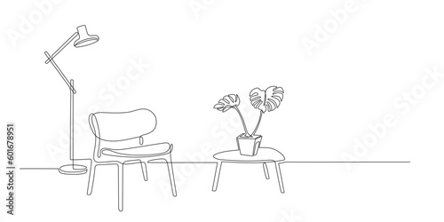 Continuous single line interior with armchair, plant, floor lamp. One line drawing of Living room with modern furniture editable stroke. Single line. Handdraw contour. Flower in pot. Doodle vector