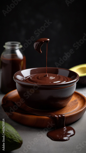 Thick velvety and delicious chocolate mole sauce on dark background  mexican food  generativ ai