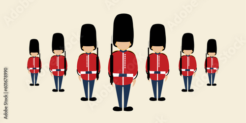 British soldiers. Simple cartoon of a Queen's Guard in traditional uniform, British soldiers isolated on beige background. Vector illustration.