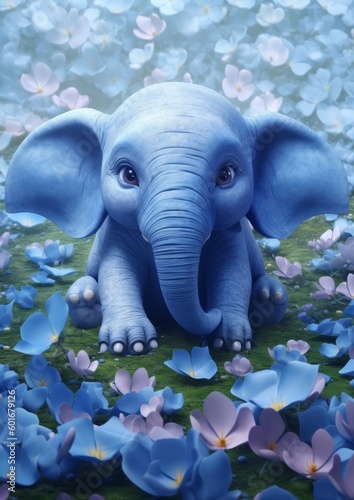 Adorable Cartoon Animated blue Baby Elephant in blue flower pedal Birthday Card for Boys