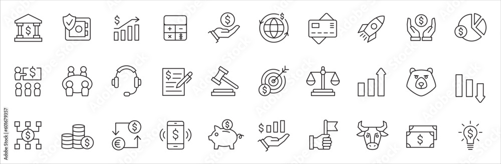 Bank and finance icon set. Business and corporation vector signs. Contain symbol of safe, global market, auction, crowd funding, start up, meeting, stock, bull and bear. Vector stock thin line design. - obrazy, fototapety, plakaty 