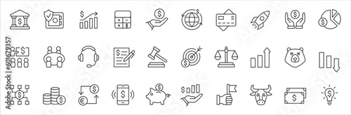 Bank and finance icon set. Business and corporation vector signs. Contain symbol of safe, global market, auction, crowd funding, start up, meeting, stock, bull and bear. Vector stock thin line design. photo