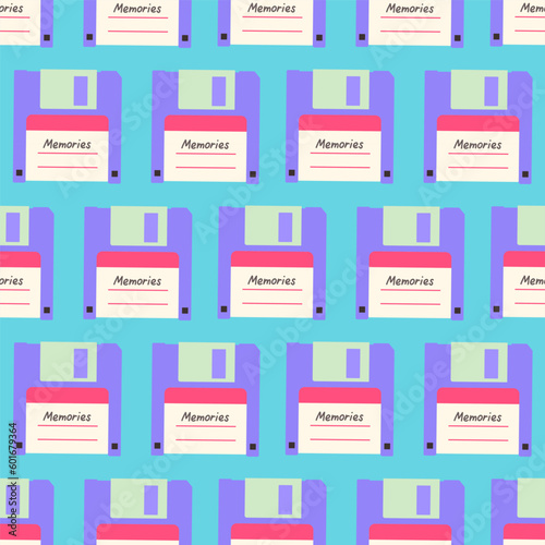 90s seamless pattern with floppy disk. Vector background in cartoon 80s 90s pop art comic style.
