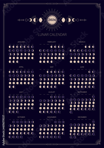 Lunar calendar, moonlight activity stages for 2024 year template. Astrology, astronomical lunar sphere shadow, whole cycle from new to full moon calendar banner, card vector illustration