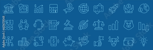 Bank and finance icon set. Business and corporation vector signs. Contain symbol of safe, global market, auction, crowd funding, start up, meeting, stock, bull and bear. Vector stock thin line design.