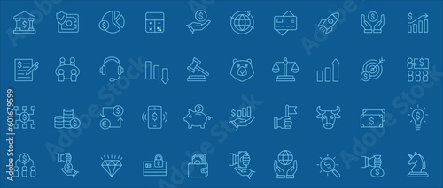 Bank and finance icon set. Business and corporation vector signs. Contain symbol of safe, global market, auction, crowd funding, start up, meeting, stock, bull and bear. Vector stock thin line design.