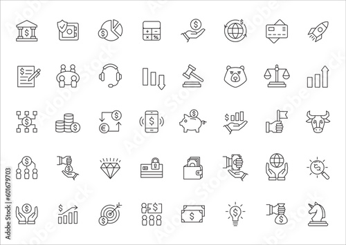 Bank and finance icon set. Business and corporation vector signs. Contain symbol of safe, global market, stake holder, crowd funding, start up, meeting, stock, bull and bear. Thin outline design.