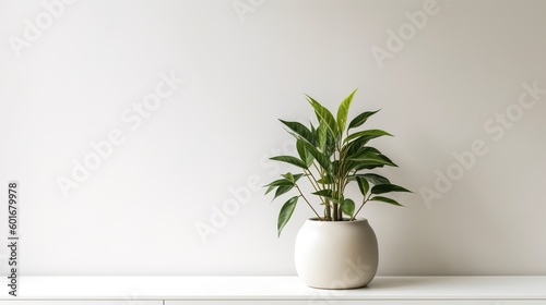 Plant in a vase. Empty white wall  copy space.