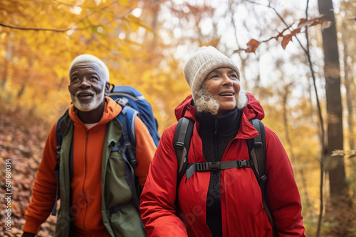 Active retired interracial couple hiking outdoors. Generative AI