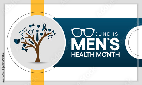 Men's health month is observed every year in June, it is used to raise awareness about health care for men and focus on encouraging boys to practice and implement healthy living decisions. Vector art.