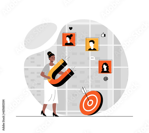 Inbound marketing concept. Businesswoman holding huge magnet in hands attracting new clients. Illustration with people scene in flat design for website and mobile development.