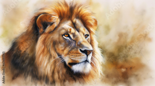 illustration of watercolor lion  abstract color background  generative ai.