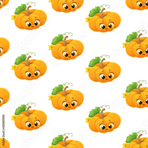 Seamless pattern from cute little cartoon emoji pumpkins on a white background