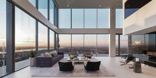 Zoom background: a modern penthouse living room with large windows, creates with Generative AI.