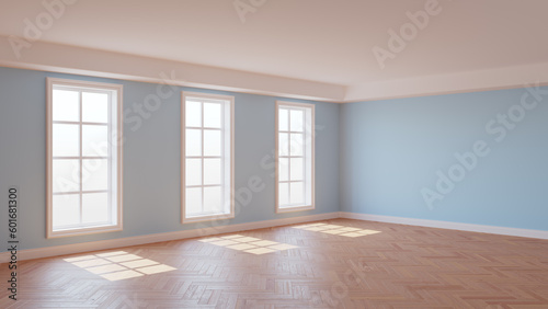 Beautiful Sunny Interior with Light Blue Walls  Three Large Windows  White Ceiling and Cornice  Glossy Herringbone Parquet Floor and a White Plinth  3D illustration. 8K Ultra HD  7680x4320  300 dpi