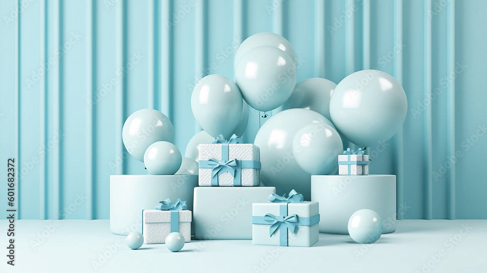A light blue background with balloons and gift box A light blue background with balloons and gift box