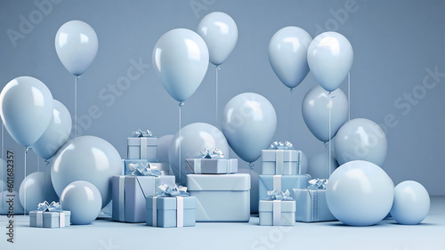 A blue box with balloons and a gift box