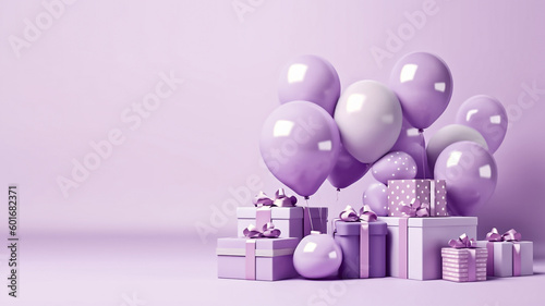 A purple background with balloons and gift box © Nataliia