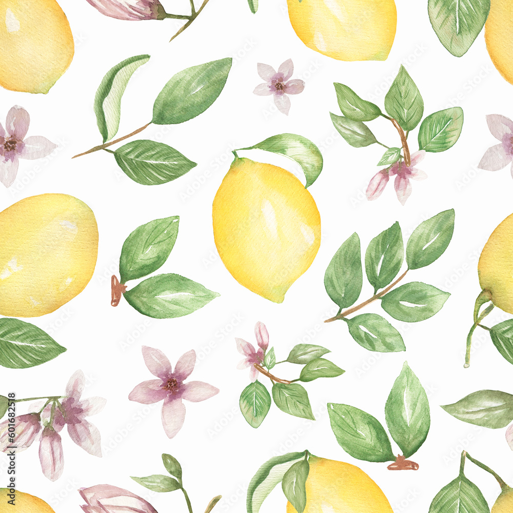 Watercolor hand drawn lemon seamless pattern, citrus fruit with leaves repeat paper, textile design
