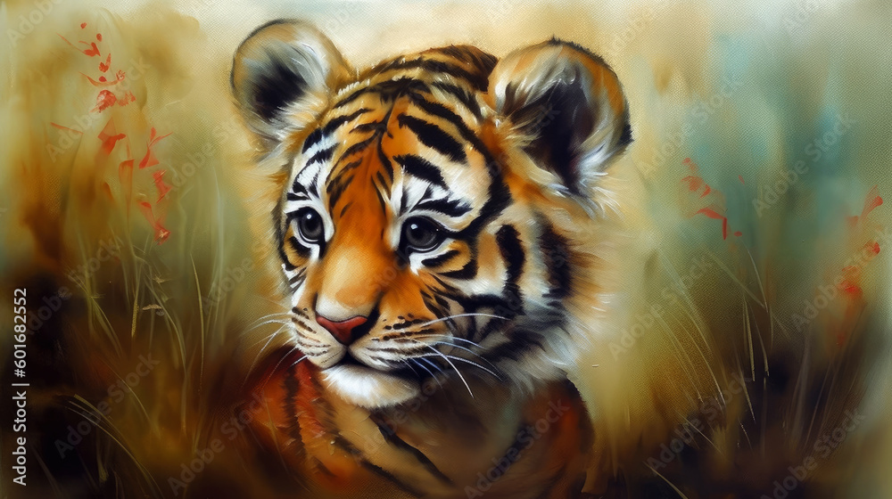 Fototapeta premium illustration of young tiger, abstract color background, generative ai.