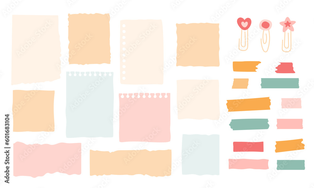 Paper for notes big collection. Adhesive tapes set, paper clip with star and heart. Blank notepad elements with ragged edges. Stationery background. Vector illustration.