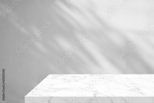 Minimal White Marble Table Corner with Shadow and Warm Light Beam on Concrete Wall Background  Suitable for Product Presentation Backdrop  Display  and Mock up.