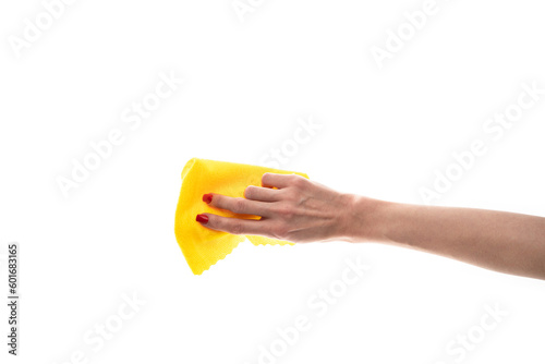 Rag microfiber in female hand with red nails, isolated on a white background