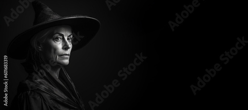Black and white photorealistic studio portrait of a mature witch on black background. Generative AI illustration © JoelMasson