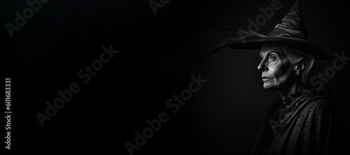 Black and white photorealistic studio portrait of a mature witch on black background. Generative AI illustration