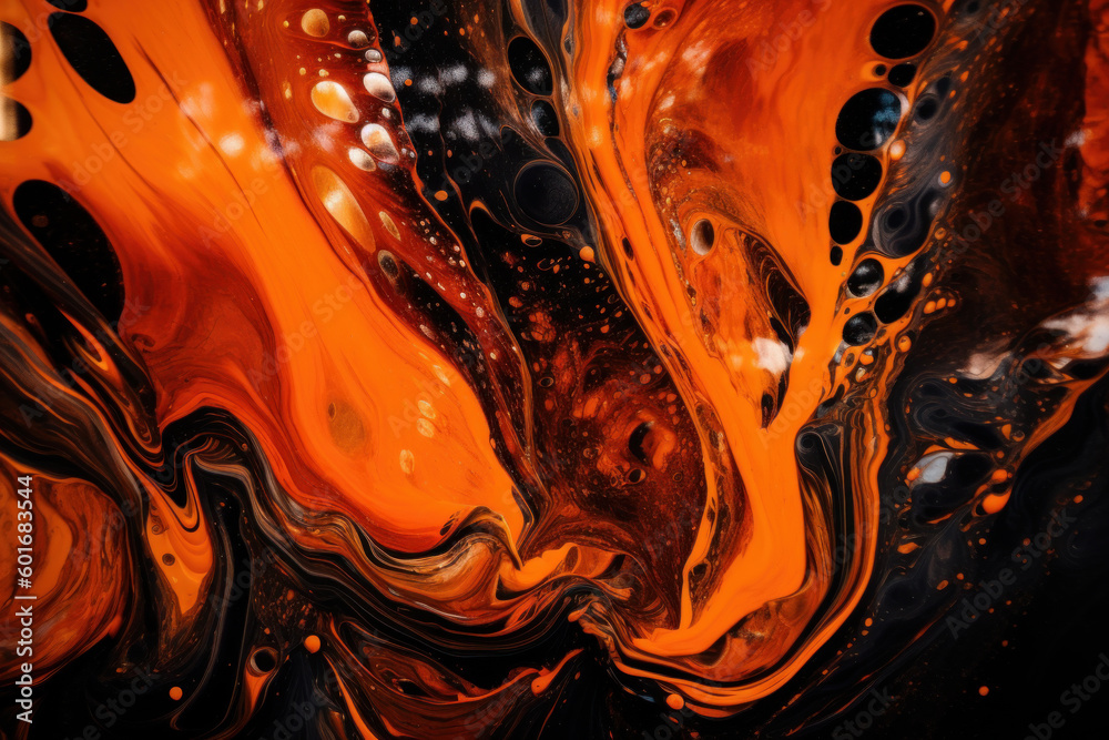 Obraz premium Yellow light radiates from flowing lava. Fiery illustration of geology. Abstract design shows the heat and energy of molten volcanic material. Melted glass, dark background for industry. Generative Ai