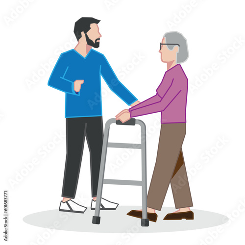 Walking aid - Elderly woman using walker, young caregiver supporting and helping - vector illustration