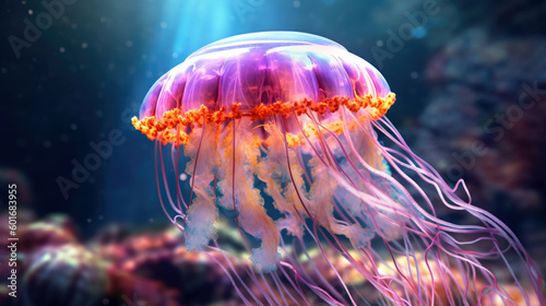 Neon glow Jellyfish in the wild. Generative AI © piai