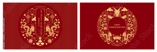 Fotografija Happy chinese new year 2024 the dragon zodiac card set with clouds, lantern, gold asian elements on red background