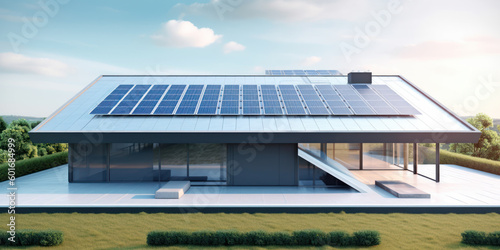 photovoltaic solar panels in modern house roof. Renewable and sustainable energy. generative ai