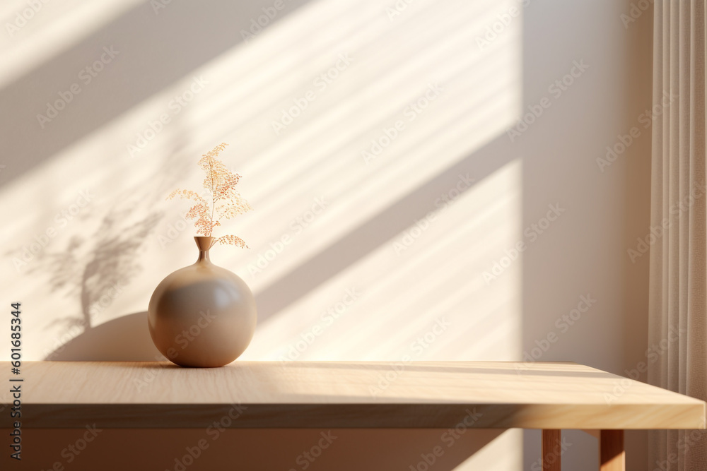 white vase sitting on top of a wooden table. Generative Ai