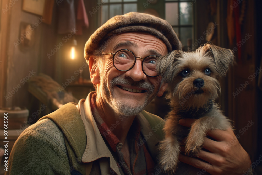 Generative Ai. an older man holding a small dog in his arms Generative Ai. an older man holding a small dog in his arms