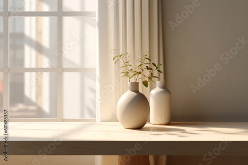 Generative Ai. a table with two vases on it in front of a window