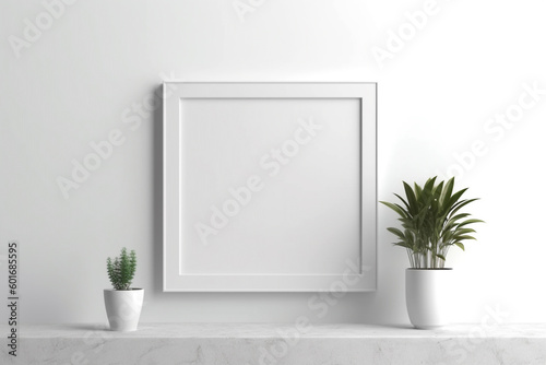 Generative Ai. a close up of a picture frame on a shelf with a plant